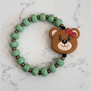 Hand Crafted Bear Kids Bracelet - Green and Brown Clay Beads Stretxh Approx 6.5"